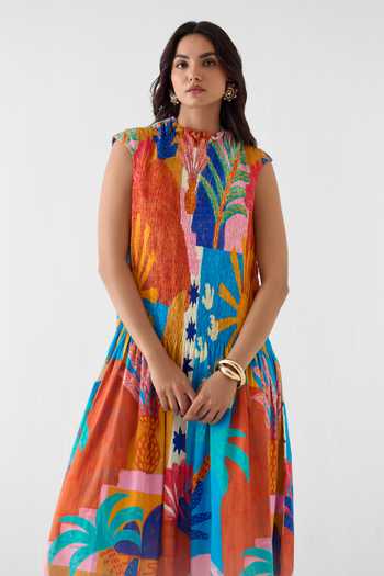 Buy_Studio Rigu_Multi Color Cotton High Neck Kota Abstract Print Ruched Dress _Online_at_Aza_Fashions