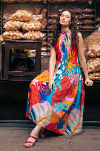 Shop_Studio Rigu_Multi Color Cotton High Neck Kota Abstract Print Ruched Dress _Online_at_Aza_Fashions