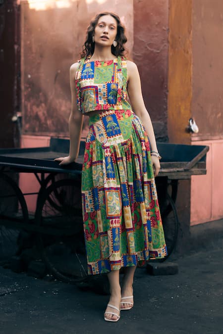 Studio Rigu Johari Print Crop Top With Gathered Skirt 