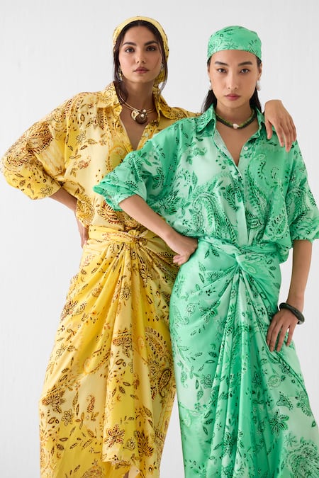 Buy_Studio Rigu_Yellow Vegan Silk Ambi Draped Printed Maxi Dress _Online_at_Aza_Fashions