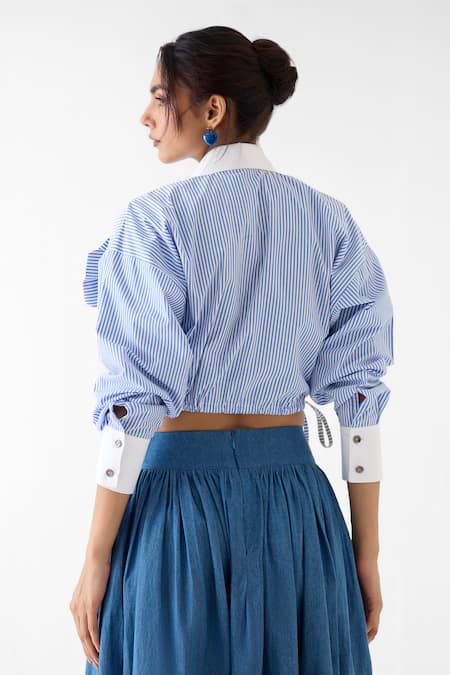 Studio Rigu Azure Stripe Print Cropped Shirt 