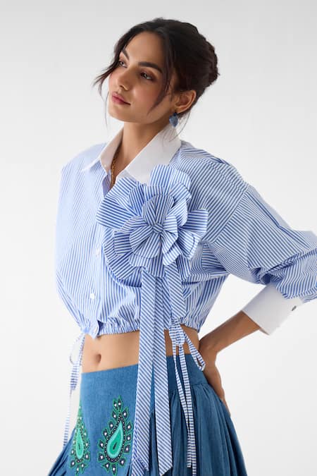 Studio Rigu_Sky Blue Poplin Fabric Flowers Azure Stripe Print Cropped Shirt _Online_at_Aza_Fashions