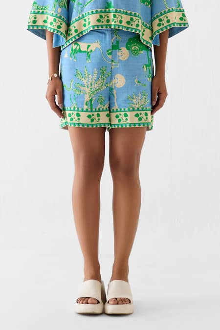 Studio Rigu_Blue Linen Jungle Print Top And Shorts Set _Online_at_Aza_Fashions