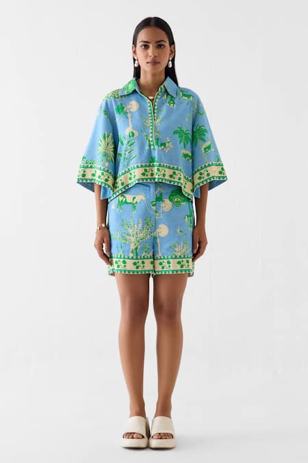 Buy_Studio Rigu_Blue Linen Jungle Print Top And Shorts Set _Online_at_Aza_Fashions