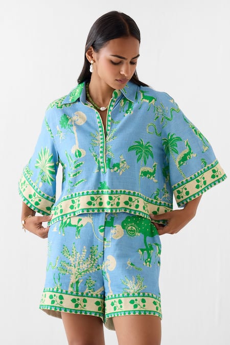 Shop_Studio Rigu_Blue Linen Jungle Print Top And Shorts Set _Online_at_Aza_Fashions
