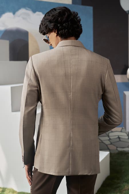 Shop Philocaly Brown Wool Drake Checkered Single-breasted Blazer at Aza Fashions Shop_Philocaly_Brown Wool Drake Checkered Single-breasted Blazer _at_Aza_Fashions