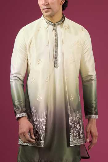 Arihant Rai Sinha_Green Silk Embroidery Ombre Effect Nehru Jacket Kurta Set _at_Aza_Fashions