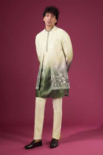 Shop_Arihant Rai Sinha_Green Silk Embroidery Ombre Effect Nehru Jacket Kurta Set 