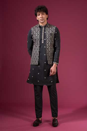 Buy_Arihant Rai Sinha_Black Silk Zari Butti Pattern Nehru Jacket Kurta Set _Online_at_Aza_Fashions