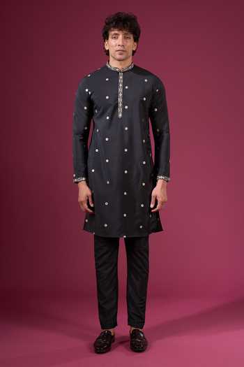 Shop_Arihant Rai Sinha_Black Silk Zari Butti Pattern Nehru Jacket Kurta Set _Online_at_Aza_Fashions