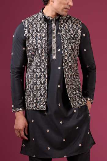 Arihant Rai Sinha_Black Silk Zari Butti Pattern Nehru Jacket Kurta Set _at_Aza_Fashions