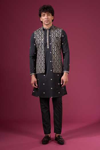 Buy_Arihant Rai Sinha_Black Silk Zari Butti Pattern Nehru Jacket Kurta Set 