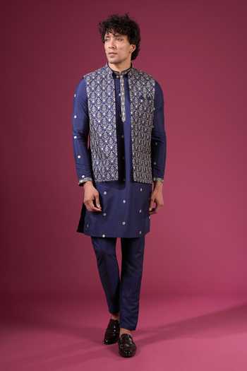 formal dress with nehru jacket Pista Green Linen Nehru Jacket with Embroidered Motif – Bonsoir main image 1