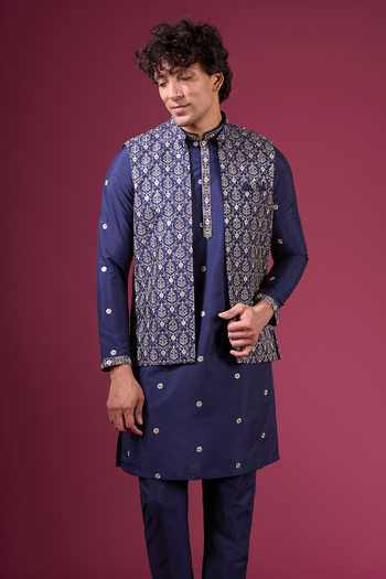 Arihant Rai Sinha Blue Silk Embroidery, Zari Butti Pattern Nehru Jacket Kurta Set at Aza Fashions Arihant Rai Sinha_Blue Silk Embroidery, Zari Butti Pattern Nehru Jacket Kurta Set _at_Aza_Fashions
