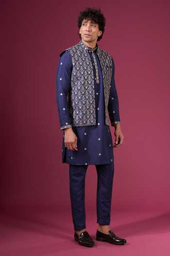Buy Arihant Rai Sinha Blue Silk Embroidery, Zari Butti Pattern Nehru Jacket Kurta Set Buy_Arihant Rai Sinha_Blue Silk Embroidery, Zari Butti Pattern Nehru Jacket Kurta Set