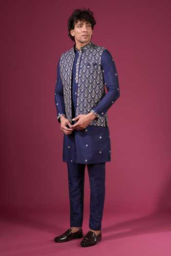 Shop Arihant Rai Sinha Blue Silk Embroidery, Zari Butti Pattern Nehru Jacket Kurta Set Shop_Arihant Rai Sinha_Blue Silk Embroidery, Zari Butti Pattern Nehru Jacket Kurta Set