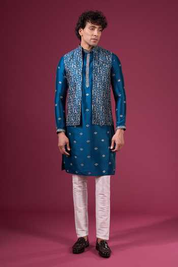 Buy_Arihant Rai Sinha_Teal Silk Zari Embroidered Nehru Jacket Set _Online_at_Aza_Fashions