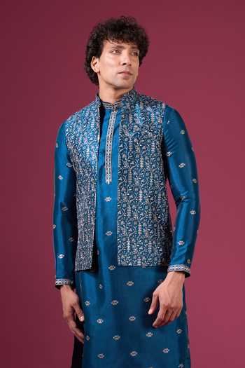 Shop_Arihant Rai Sinha_Teal Silk Zari Embroidered Nehru Jacket Set _Online_at_Aza_Fashions