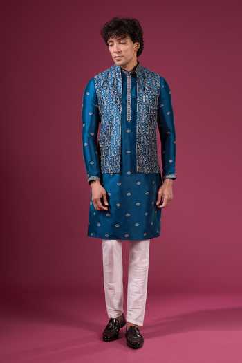 Arihant Rai Sinha_Teal Silk Zari Embroidered Nehru Jacket Set _at_Aza_Fashions