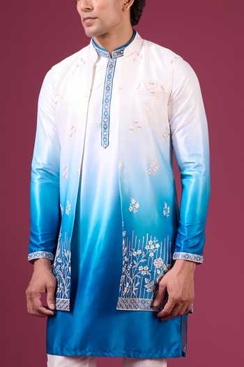 Shop_Arihant Rai Sinha_Blue Silk Embroidery, Zari Ombre Nehru Jacket Kurta Set _Online_at_Aza_Fashions