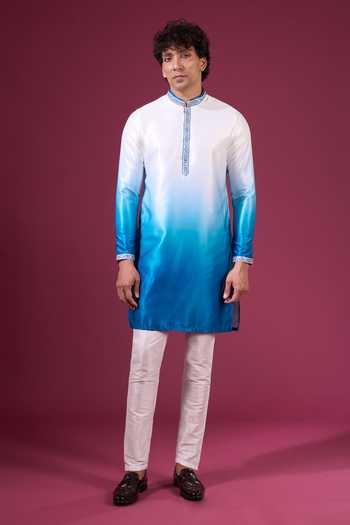 Arihant Rai Sinha_Blue Silk Embroidery, Zari Ombre Nehru Jacket Kurta Set _at_Aza_Fashions