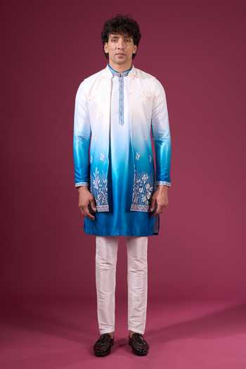 Buy_Arihant Rai Sinha_Blue Silk Embroidery, Zari Ombre Nehru Jacket Kurta Set 