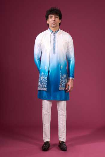 Shop_Arihant Rai Sinha_Blue Silk Embroidery, Zari Ombre Nehru Jacket Kurta Set 