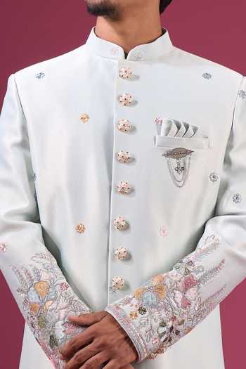 Arihant Rai Sinha_Green Jacquard, Silk, Dupion Embroidery Sherwani Jacket And Pant Set _at_Aza_Fashions