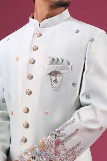 Buy_Arihant Rai Sinha_Green Jacquard, Silk, Dupion Embroidery Sherwani Jacket And Pant Set 