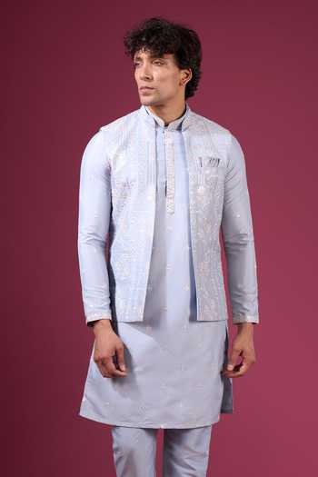 Shop Arihant Rai Sinha Blue Silk Embroidery, Zari Flower Pattern Nehru Jacket Kurta Set Online at Aza Fashions Shop_Arihant Rai Sinha_Blue Silk Embroidery, Zari Flower Pattern Nehru Jacket Kurta Set _Online_at_Aza_Fashions