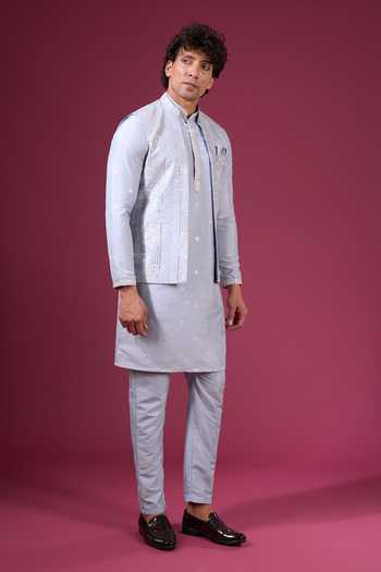 Buy Arihant Rai Sinha Blue Silk Embroidery, Zari Flower Pattern Nehru Jacket Kurta Set Buy_Arihant Rai Sinha_Blue Silk Embroidery, Zari Flower Pattern Nehru Jacket Kurta Set