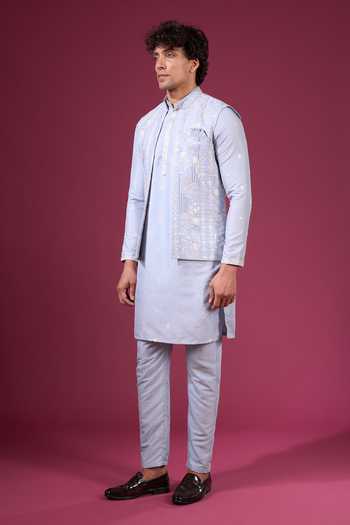 Shop Arihant Rai Sinha Blue Silk Embroidery, Zari Flower Pattern Nehru Jacket Kurta Set Shop_Arihant Rai Sinha_Blue Silk Embroidery, Zari Flower Pattern Nehru Jacket Kurta Set