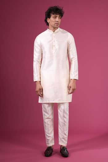 Buy_Arihant Rai Sinha_Off White Jacquard, Silk Floral Pattern Nehru Jacket Kurta Set _Online_at_Aza_Fashions