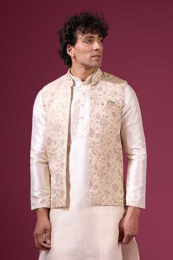 Shop_Arihant Rai Sinha_Off White Jacquard, Silk Floral Pattern Nehru Jacket Kurta Set _Online_at_Aza_Fashions