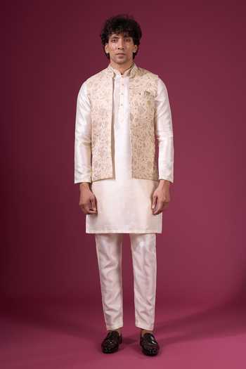 Buy_Arihant Rai Sinha_Off White Jacquard, Silk Floral Pattern Nehru Jacket Kurta Set 