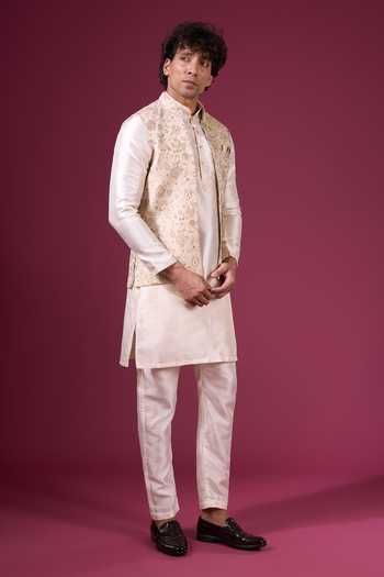 Shop_Arihant Rai Sinha_Off White Jacquard, Silk Floral Pattern Nehru Jacket Kurta Set 