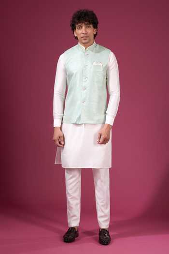 Buy_Arihant Rai Sinha_White Jacquard, Silk Contrast Nehru Jacket Kurta Set _Online_at_Aza_Fashions