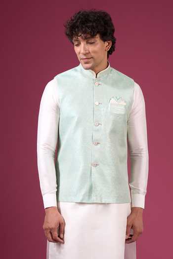 Shop_Arihant Rai Sinha_White Jacquard, Silk Contrast Nehru Jacket Kurta Set _Online_at_Aza_Fashions