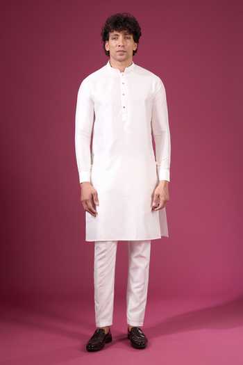 Arihant Rai Sinha_White Jacquard, Silk Contrast Nehru Jacket Kurta Set _at_Aza_Fashions