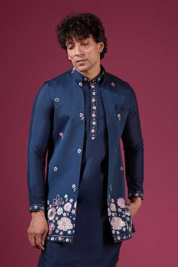 Shop_Arihant Rai Sinha_Blue Silk Embroidery Nehru Jacket Set _Online_at_Aza_Fashions