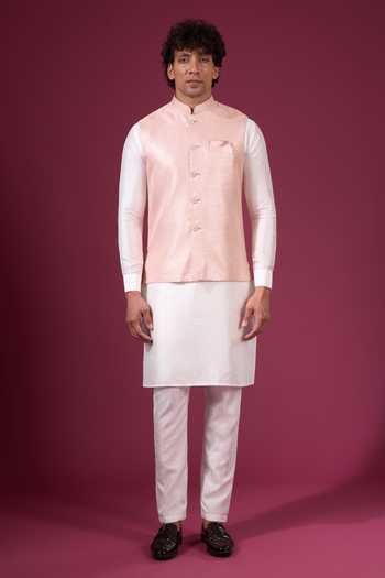 Shop_Arihant Rai Sinha_Off White Jacquard, Silk Contrast Nehru Jacket And Kurta Set _Online_at_Aza_Fashions