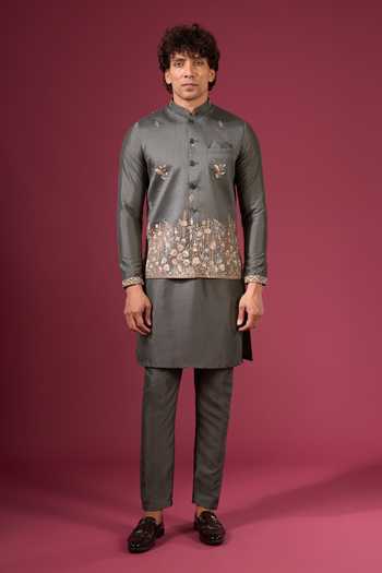 Arihant Rai Sinha_Green Silk Embroidery Flower Pattern Nehru Jacket Kurta Set _at_Aza_Fashions