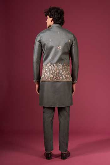 Arihant Rai Sinha_Green Silk Embroidery Flower Pattern Nehru Jacket Kurta Set _Online_at_Aza_Fashions
