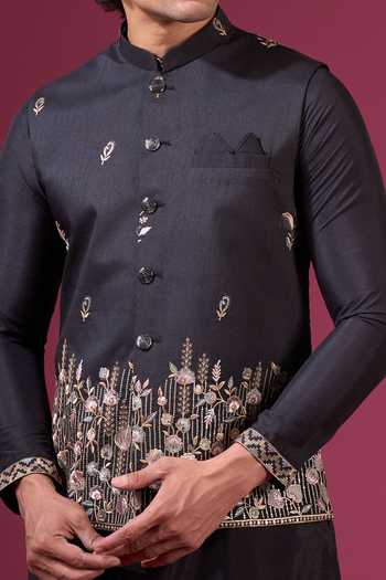 Arihant Rai Sinha Black Silk Embroidery Floral Pattern Bundi Kurta Set at Aza Fashions Arihant Rai Sinha_Black Silk Embroidery Floral Pattern Bundi Kurta Set _at_Aza_Fashions