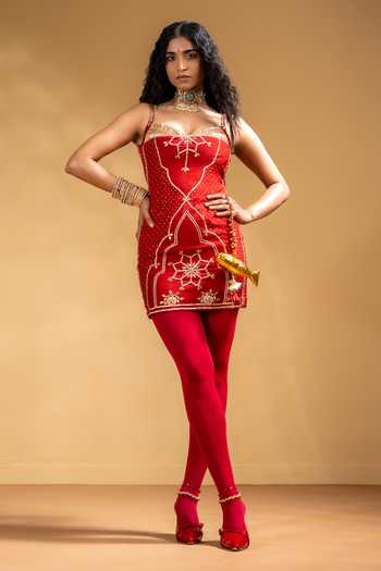 Shop_Baise Gaba_Red Muslin Gota Patti Sweetheart Neck Naaz Work Embroidered Dress _Online_at_Aza_Fashions