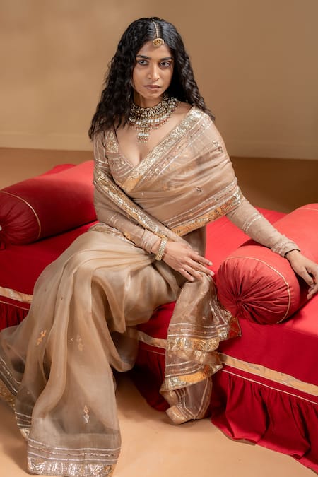 Baise Gaba_Beige Organza, Muslin Gota Patti Sarika Work Saree With Blouse _Online_at_Aza_Fashions