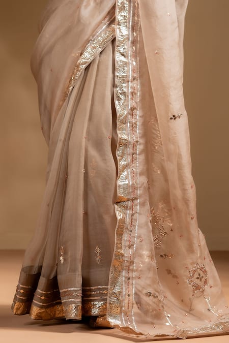 Buy_Baise Gaba_Beige Organza, Muslin Gota Patti Sarika Work Saree With Blouse _Online_at_Aza_Fashions