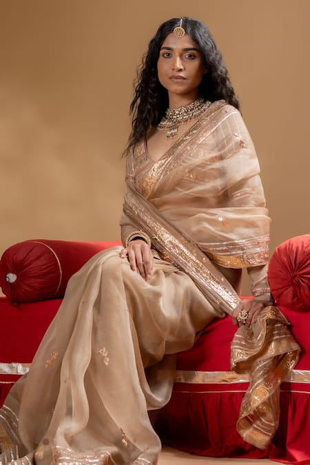 Shop_Baise Gaba_Beige Organza, Muslin Gota Patti Sarika Work Saree With Blouse _Online_at_Aza_Fashions