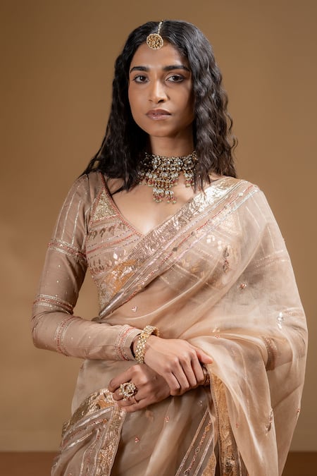 Baise Gaba_Beige Organza, Muslin Gota Patti Sarika Work Saree With Blouse _at_Aza_Fashions