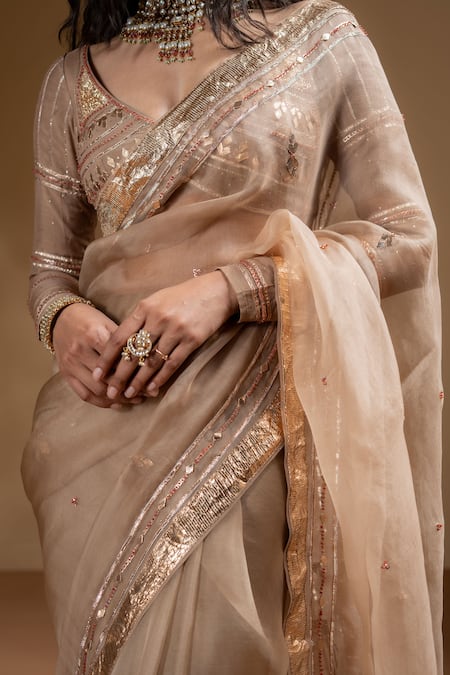 Buy_Baise Gaba_Beige Organza, Muslin Gota Patti Sarika Work Saree With Blouse 